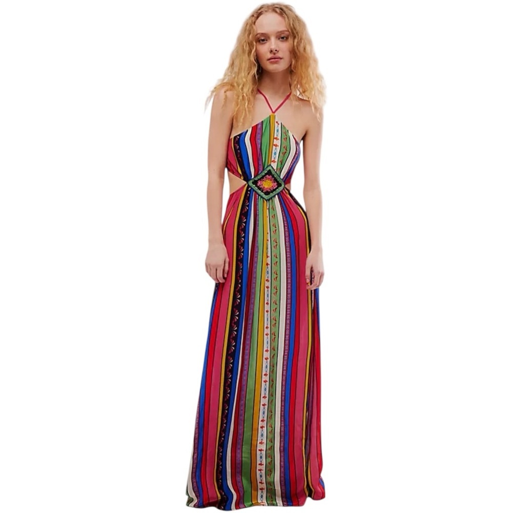 Carolina K Callie Maxi Dress Multicolor Crochet Halter Cutout Size Small